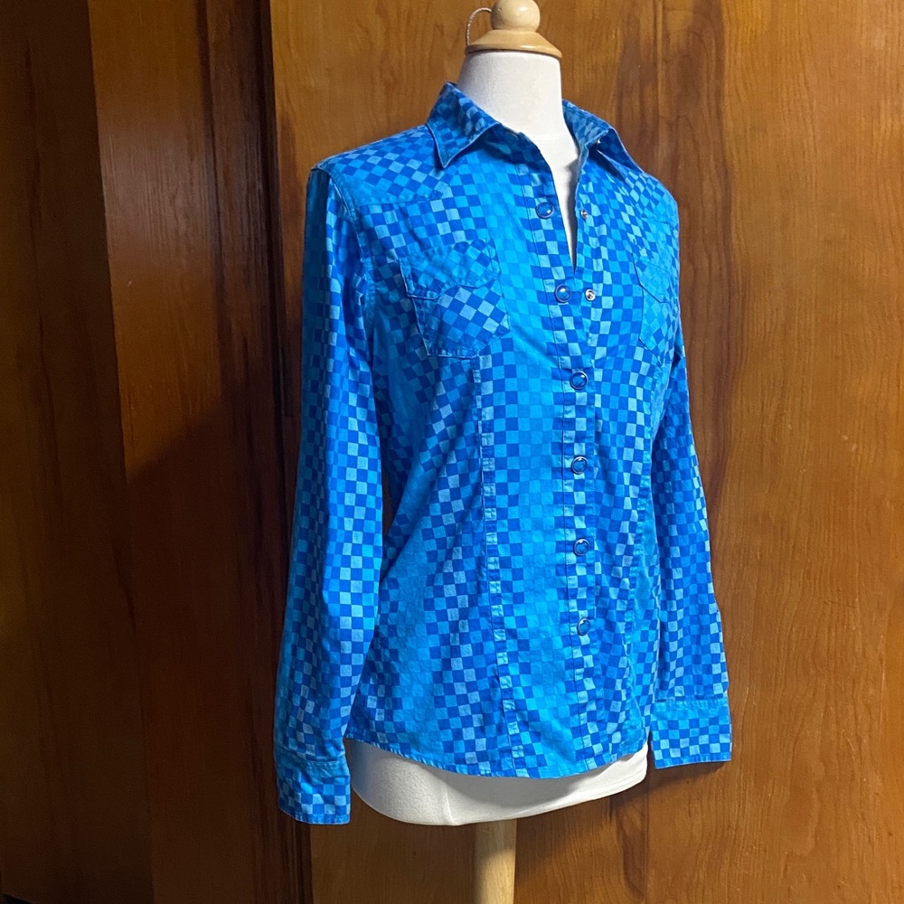 Cruel Girl Western Cowgirl Snap closure Blue Checkered Cotton Shirt MED funky